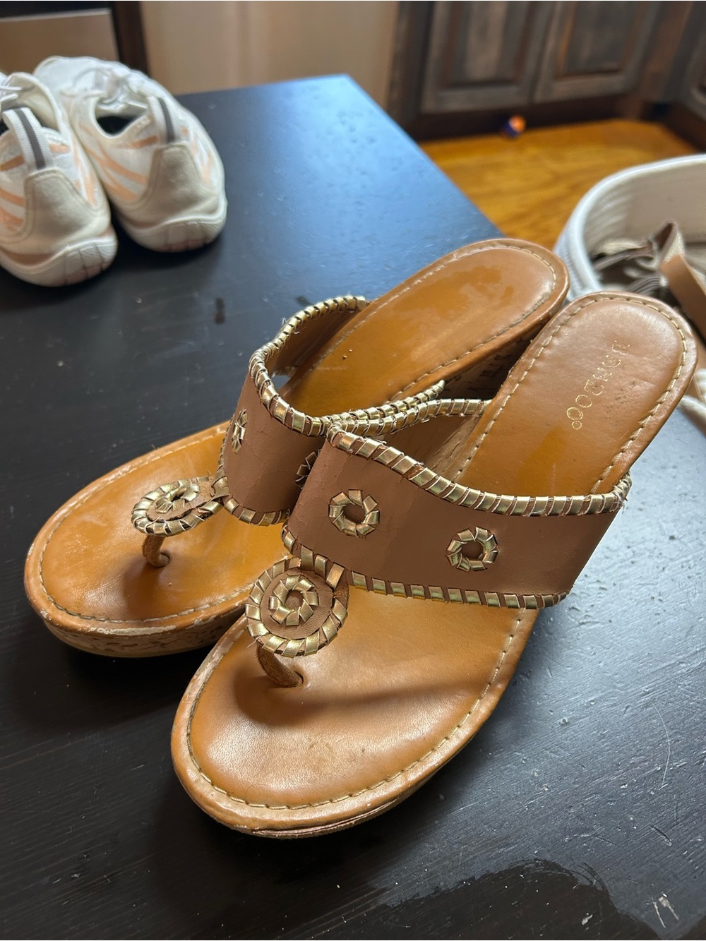 Bamboo Women’s Tan Slip-On Sandals Wedges with Gold Trim 8-8.5